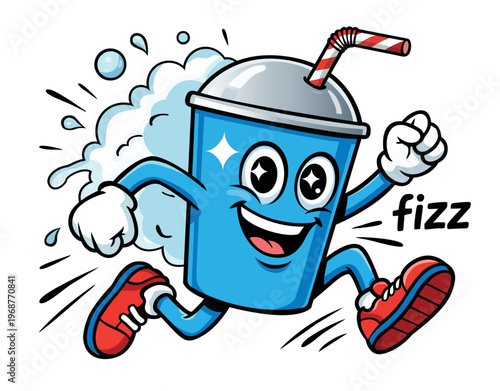 Running soda pop mascot cartoon character with fizz bubbles and straw