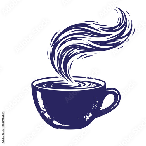Dark blue silhouette of a steaming coffee cup with a distressed texture and swirling vapor rising from the hot liquid isolated on a white background