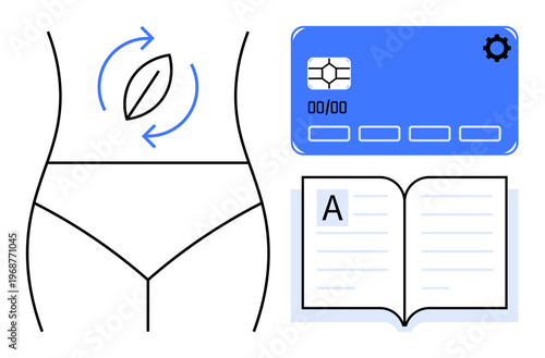 Nutrition tracking, financial planning, healthy lifestyle, wellness education, body care, learning resources. Diagram of a torso, credit card open book. Nutrition tracking and financial planning