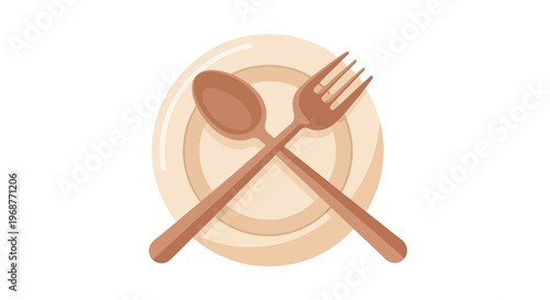 Flat lay of wooden spoon and fork crossed on a plate with a minimalist design and warm beige tones.