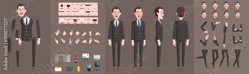Professional Businessman Character Animation Rigging Kit Vector Male Office Worker Set with Poses, Mouth Shapes, Expressions, and Props