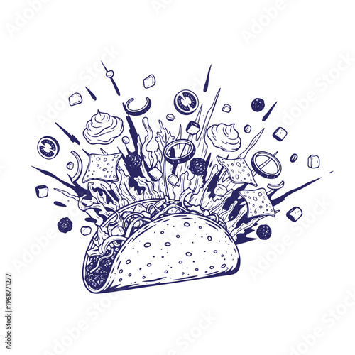 Hand drawn ink of a taco with exploding ingredients including lettuce tomato slices cheese cubes onion rings and dollops of sour cream in a dark blue line style on white background