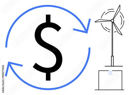 Green energy, financial investment, sustainability, clean technology, economic growth, renewable resources. Illustration of a dollar sign surrounded by arrows next to a wind turbine. Green energy