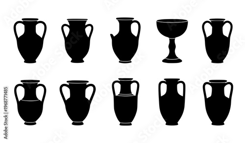 Greek Vases Black Silhouettes Simple Ancient Clay Vessel Vector Set