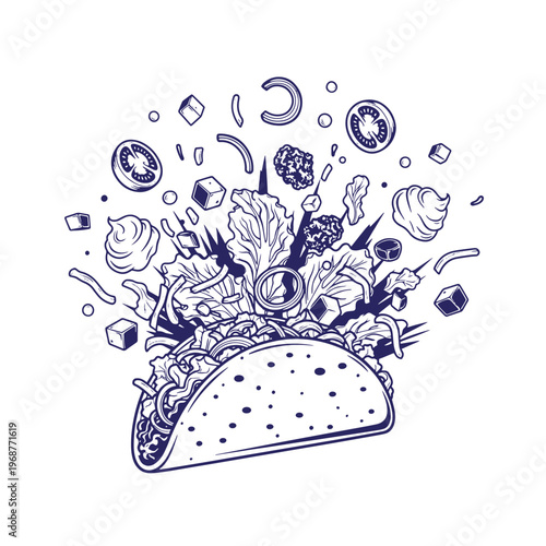 Hand drawn of a taco with exploding ingredients including lettuce tomato slices onion rings cheese cubes and dollops of sour cream in a dark blue line style on a white background