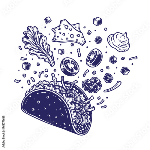 Hand drawn of a taco with floating ingredients including lettuce tomato slices cheese cubes and a dollop of sour cream in a dark blue ink style on a white background