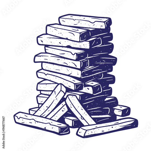Hand drawn of a tall stack of rectangular wooden blocks or bricks in a dark blue ink style on a white background