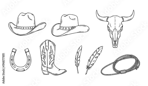 Wild West Cowboy Vector Set Hand-Drawn Monochrome Icons for Logo and Badge