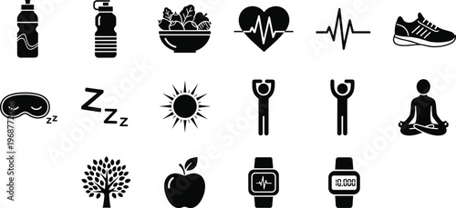Health wellness icons set, fitness lifestyle symbols, hydration nutrition exercise sleep mindfulness, eco nature smartwatch, healthy living illustration