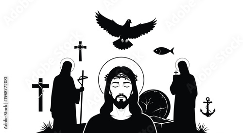 Religious iconography featuring jesus crosses a dove and a fish silhouette