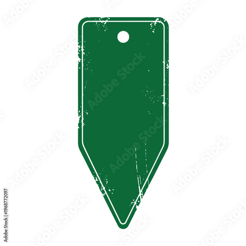 Blank green metal tag with a pointed bottom edge and a hole for string featuring a distressed weathered texture isolated on a white background