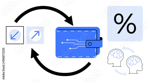 Finance, fintech, digital wallets, currency exchange, technology, innovation. Blue digital wallet, percentage symbol arrows two brains exchanging ideas. Finance and fintech technology concepts