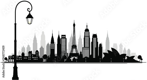 Cityscape with iconic landmarks and a street lamp black and white silhouette
