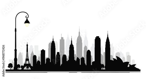 Famous landmarks forming a city skyline against a bright background silhouette