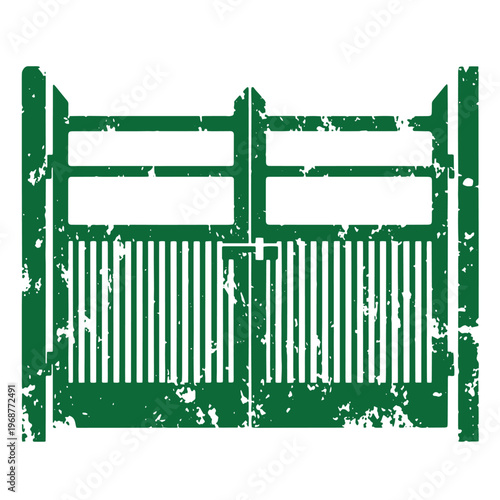 Distressed green double gate with vertical bars on the bottom and horizontal rails on the isolated on a white background