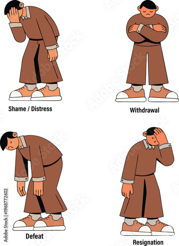 Four cartoon characters demonstrating negative body language emotions including shame and social withdrawal vector set. illustration. 