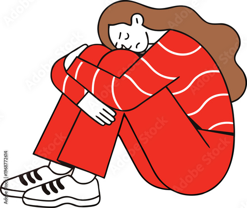 Sad young woman in red sweater hugging knees with head down, depression and loneliness outline illustration., vector. 