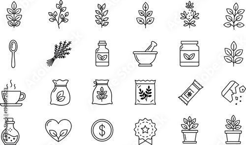 Herbal icons set, natural remedies illustration, organic eco products, plant leaves, mortar pestle, tea cup, eco-friendly lifestyle design