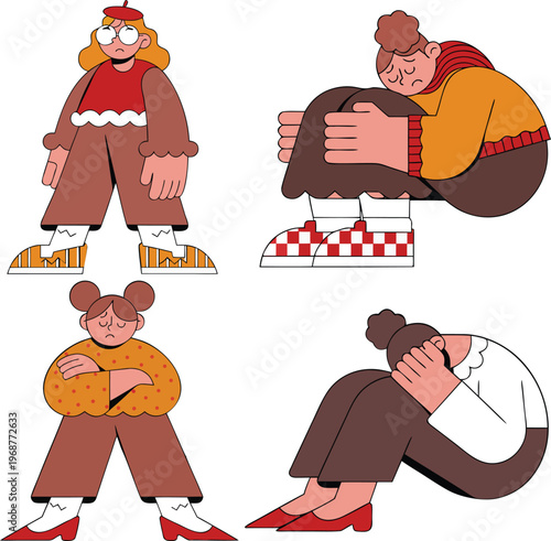 Set of four stressed and overwhelmed cartoon characters showing burnout, anxiety and exhaustion flat illustrations. 