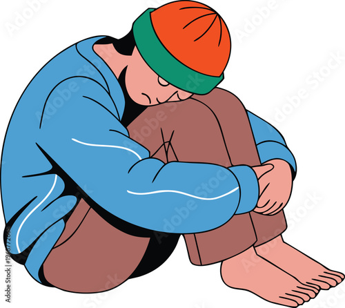 Depressed teenager sitting alone curled up in blue jacket and orange beanie, mental health concept vector. flat illustration. 