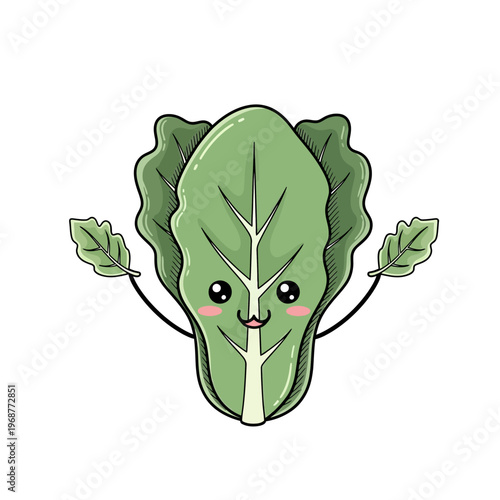 Cute cartoon spinach leaf character smiling with arms outstretched, healthy food concept