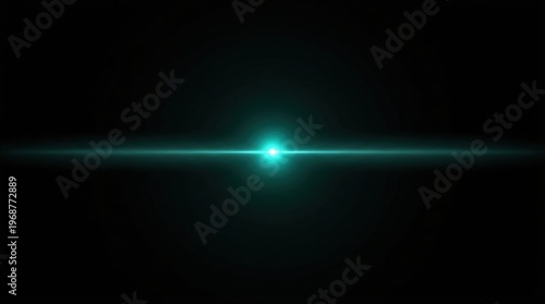 Glowing green light beam in darkness.