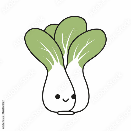 Cute Bok Choy Cartoon Character with Happy Face, Isolated on White Background