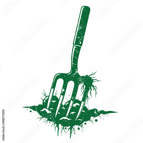 Green garden fork with soil and roots featuring a distressed texture on a white background for agriculture and gardening concepts