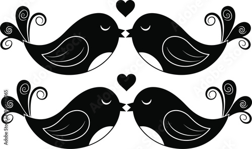 Love birds illustration, romantic design, heart symbol, decorative swirls, minimalist art, black silhouette, affection icon, couple birds, graphic pattern