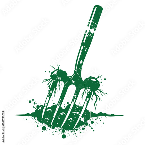 Green garden fork with soil clumps and roots showing digging action on a white background for agricultural or horticultural concepts