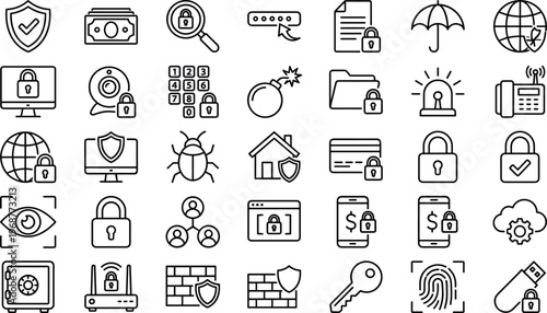 Cyber Security Icon Set with Data Protection, Password Lock, Firewall, Encryption, Secure Payment, Biometric Access, Network Safety, and Privacy Protection Symbols for UI Design