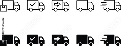 Delivery Truck Icon Set with Shipping, Fast Delivery, Logistics, Courier Service, Package Transport, Check Mark, Arrow Direction, and Express Shipping Symbols for UI Design