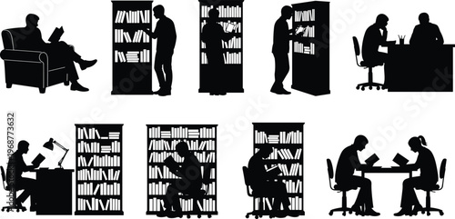 Library reading silhouette, people studying books, knowledge education illustration, students learning together, bookshelf study scene, academic research, intellectual engagement art