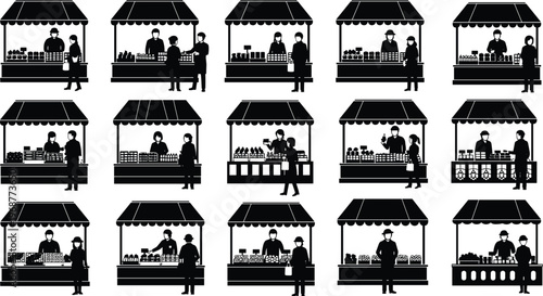 Marketplace vendor silhouettes, street market stalls, selling buying trading, commerce illustration, social interaction artwork, shopping scene design, cultural exchange theme