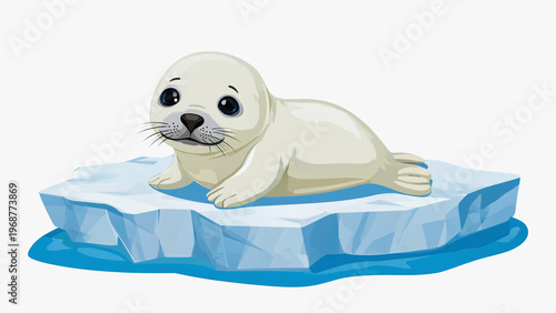 Cute baby seal lying on ice, stylized illustration with light blue shadows. Ai generated.