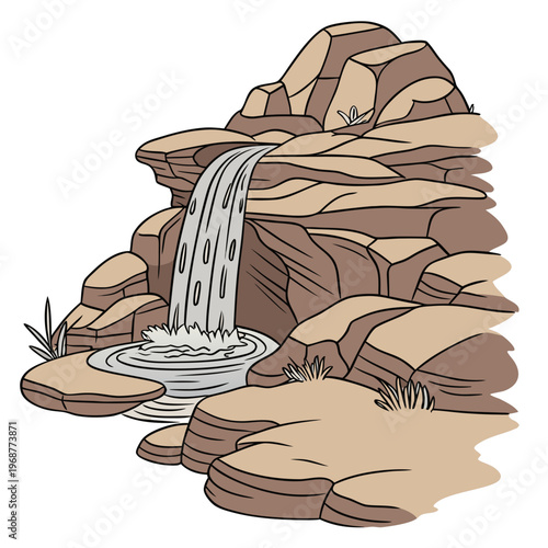 A charming illustration depicts a cascading waterfall flowing into a serene pool surrounded by layered rocky terrain and sparse vegetation