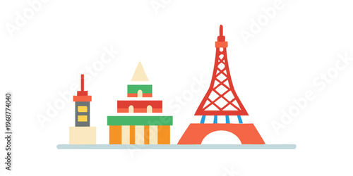 Colorful city skyline illustration featuring Tokyo Tower and iconic landmarks
