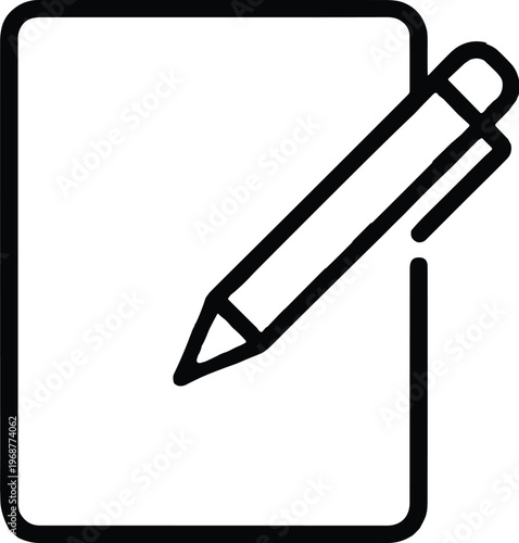 Minimalist black line art icon of a blank paper document with a ballpoint pen tool for writing notes, drafting letters, or signing contracts.