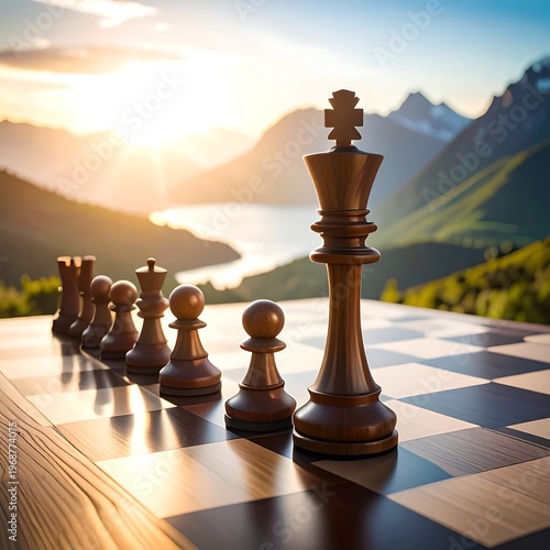 Chess pieces stand on a board against a breathtaking natural backdrop of mountains, water, and sunrise light