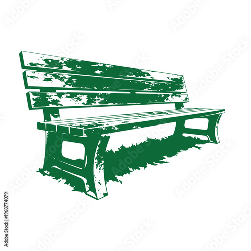 Green park bench with wooden slats and backrest resting on a patch of grass isolated on a white background