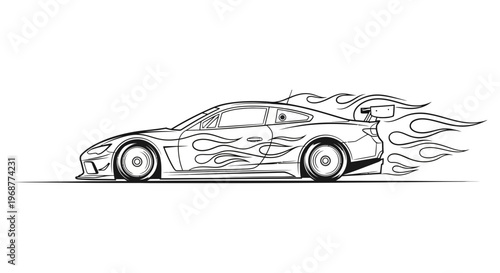Dynamic Racing Car with Flames Sketch.