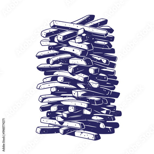 A large vertical stack of deep blue french fries illustrated with thick outlines and stippled shading texture isolated on a white background