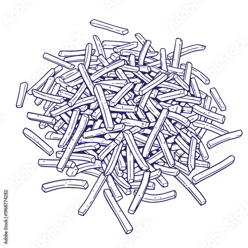 A large pile of deep fried potato sticks or french fries drawn in a blue ink line style on a plain white background