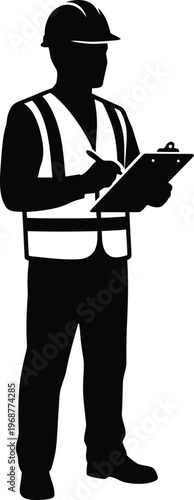 Black silhouette of a construction worker wearing a hard hat and safety vest holding a clipboard isolated on white background