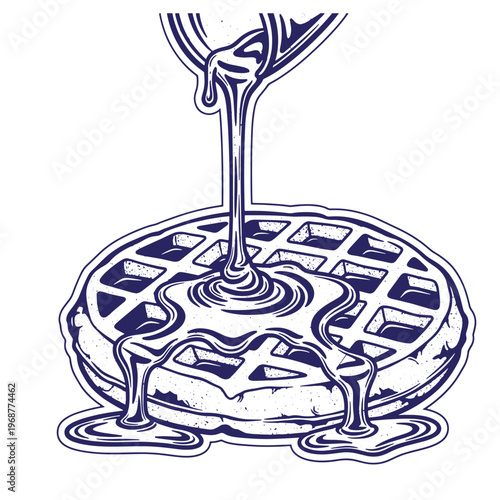 Dark blue ink line of a round belgian waffle with thick syrup or honey pouring from a pitcher onto the textured grid surface and pooling at the base on a white background