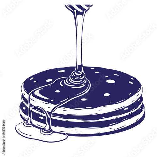 Dark blue ink line of a stack of round pancakes with thick syrup pouring from above onto the surface and dripping down the sides against a plain white background