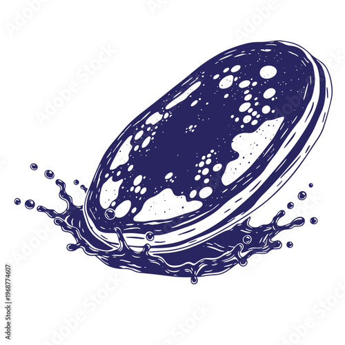 Dark blue ink of a round cookie or biscuit splashing into a liquid pool with scattered droplets and bubbles on a white background