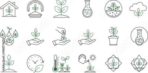 Plant growth icons set, eco sustainability symbols, scientific research illustration, environmental care, irrigation hydration, green biotechnology, nature conservation design