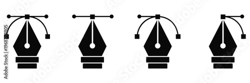 Pen Tool and Curvature Tool Icon Set Vector with Cursor Symbols and Fountain Pen Nib in Outline 
and Glyph Styles for Design and UI Applications