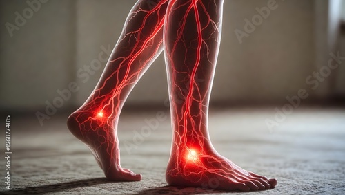 Diabetic neuropathy and leg nerve pain. Varicose veins and circulatory system disorders. Transparent view of human legs with red glowing nerves and blood vessels representing pain